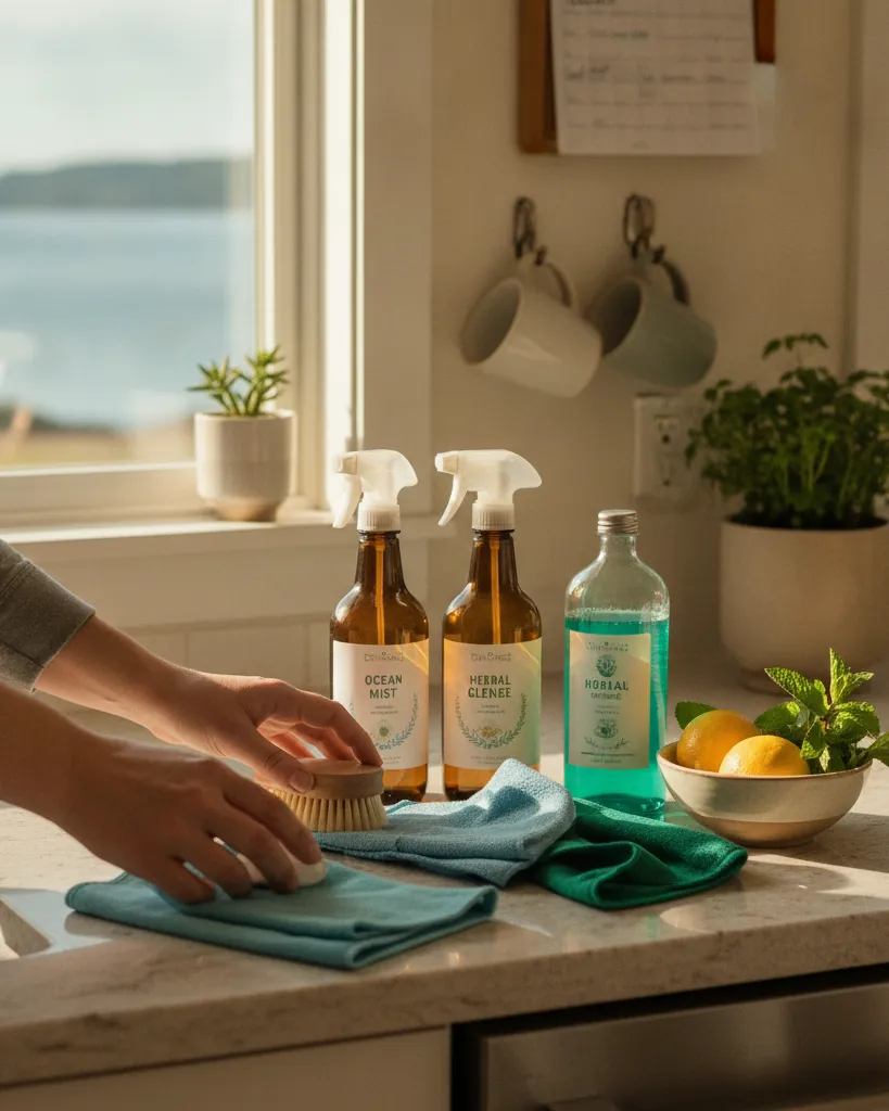 Vany Cleaning cleaner preparing supplies in a bright North Shore kitchen